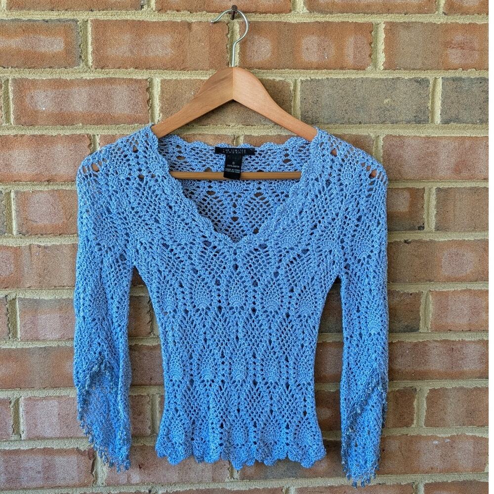 Vtg The Limited Handknit Blue Crochet Beaded Flare Sleeve Y2K Top Size S Fairy